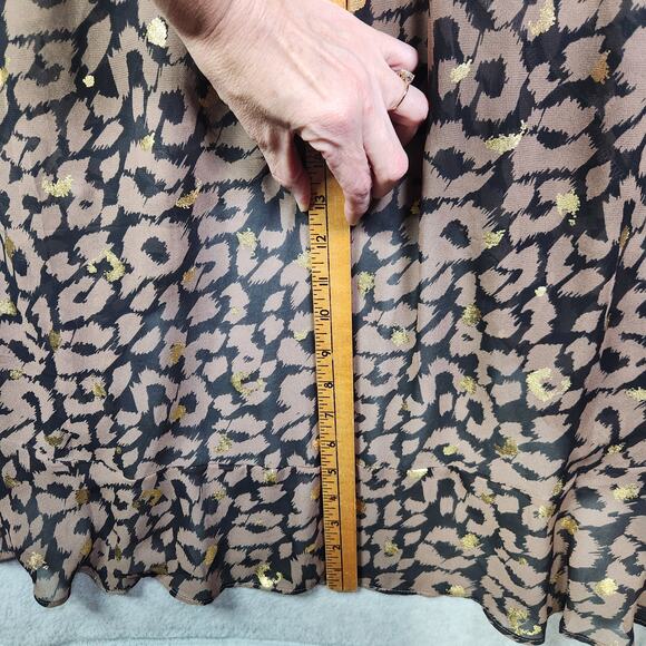 Express Smocked Waist Hi-Lo Cheetah Dress L Ruffles V Neck Wedding Guest Chiffon - Picture 13 of 16